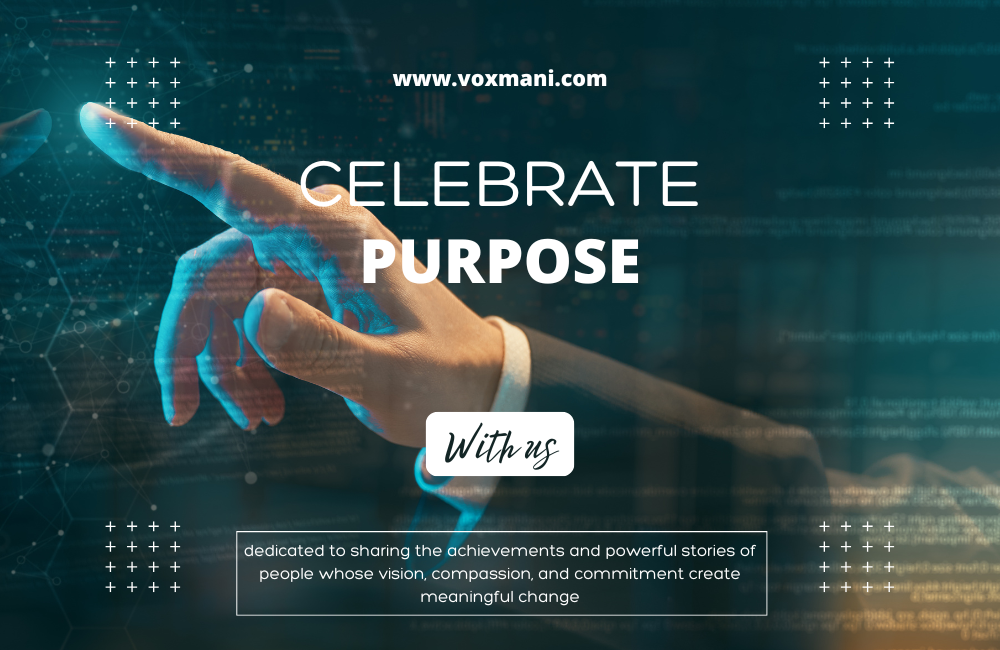 Voxmani Celebrate Purpose banner: executive finger activating digital interface with bold text overlay for generational wealth inspiration